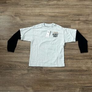 Graphic Layered-Look Tee "Scary Fast" - White with Black Sleeves